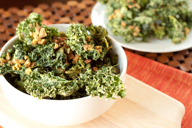 Kale Chips with Vegan Bacon Dressing